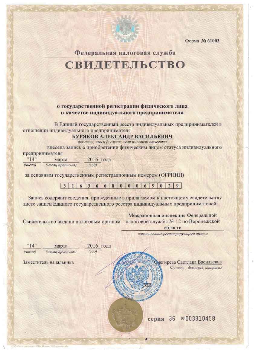 Свидетельство о регистрации ИП